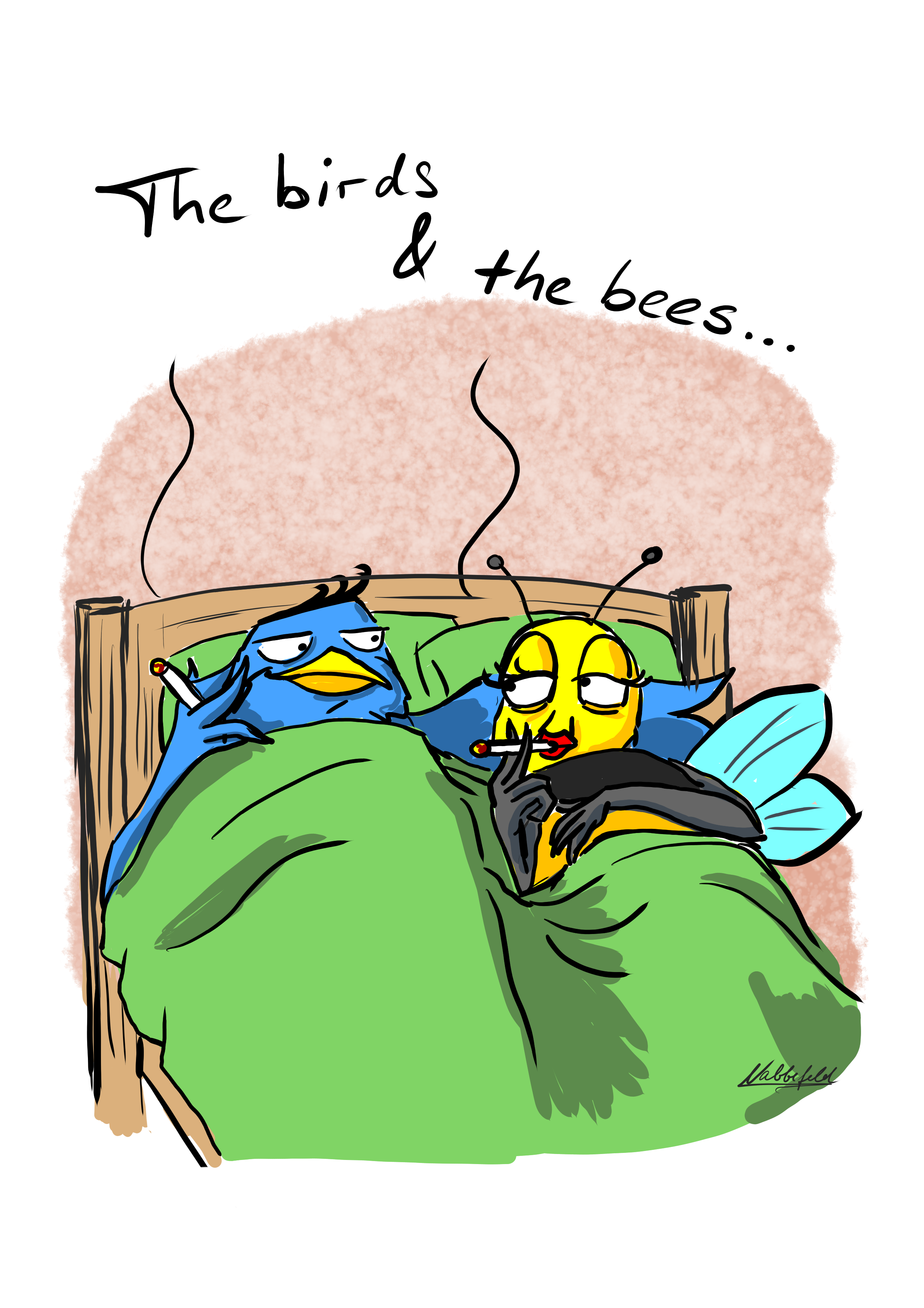 The Birds And The Bees Ein Vogel und eine Biene rauchen im Bett, nach ihren Aktivitäten, eine Zigrette.